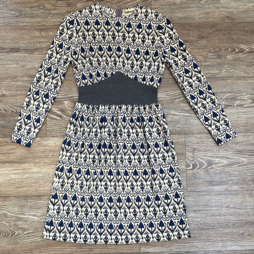 Vintage Goldworm Virgin Merino Wool Blue and Cream Patterned Dress Made In Italy